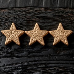 Three golden stars resting on a textured dark wooden surface