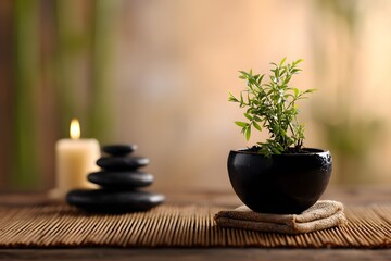 A young green plant growing in a matte black pot placed in a serene environment at sunrise, surrounded by soft golden light, clean composition, professional lighting, shallow depth of field, high reso