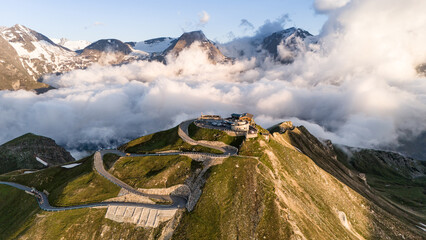 Golden Light on Edelweissspitze, Grossglockner Road, Austrian Alps, drone view