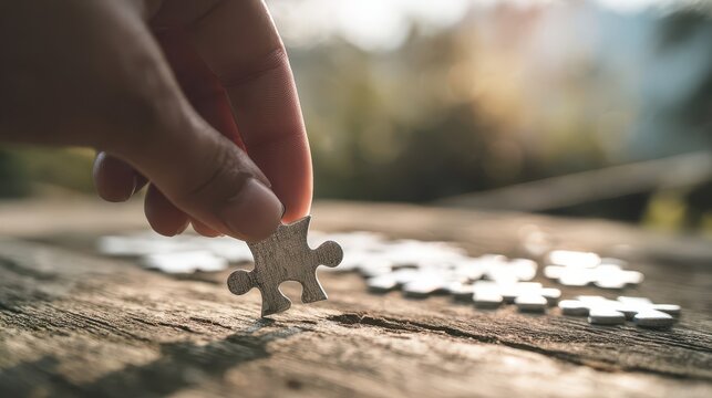 A hand placing a puzzle piece on a wooden surface.