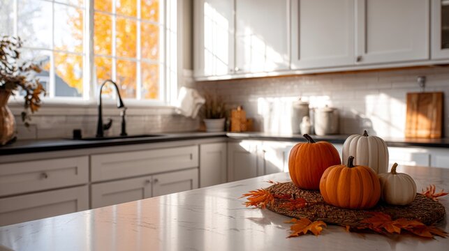 Autumn pumpkins and fall leaves on kitchen counter bright kitchen background