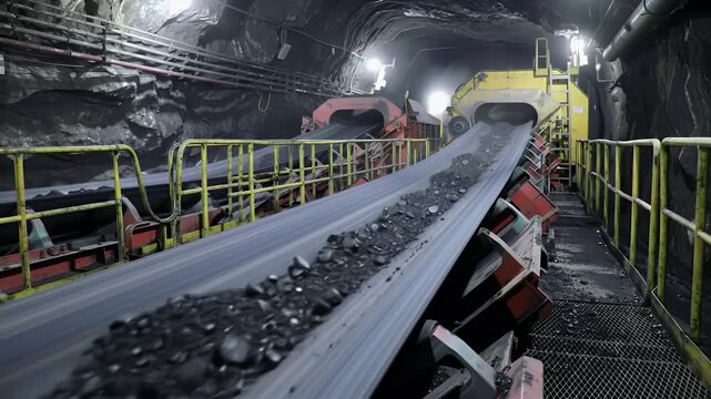 Underground Coal Mining Operation with Industrial Conveyor Belt Transporting Raw Minerals in a Dark Tunnel