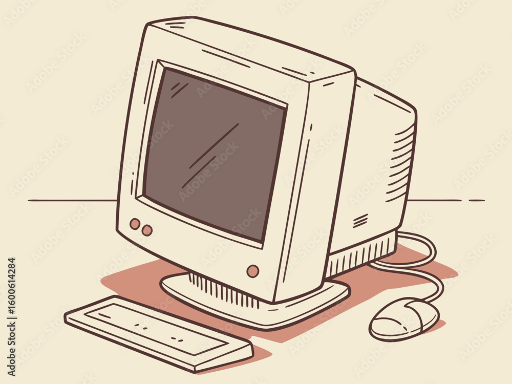 Poster retro desktop computer setup with monitor keyboard and mouse