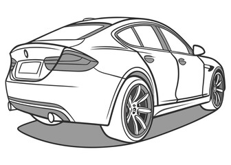 Modern luxury sedan car rear view line drawing