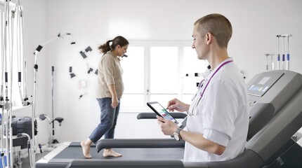 Female Patient Undergoing Medical Treadmill Test for Gait Analysis and Health Assessment, Monitored by Doctor with Digital Tablet