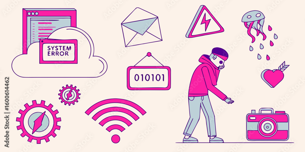 Poster digital world icons and a person experiencing a system error