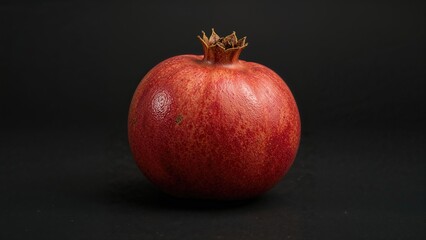 Whole ripe pomegranate with textured skin positioned on a dark surface highlighting its rich red color and natural shine