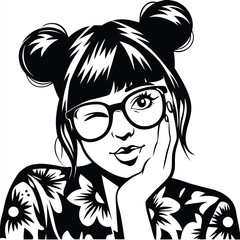 Winking woman with glasses rests her face on her hand and smiles playfully