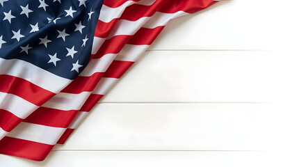 Obraz premium American Flag on White Wooden Surface with Red, White, and Blue Fabric