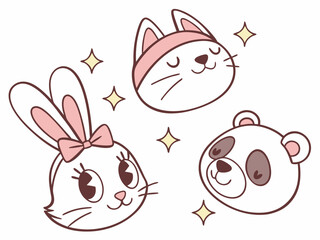 Cute kawaii animal faces with sparkles and bow