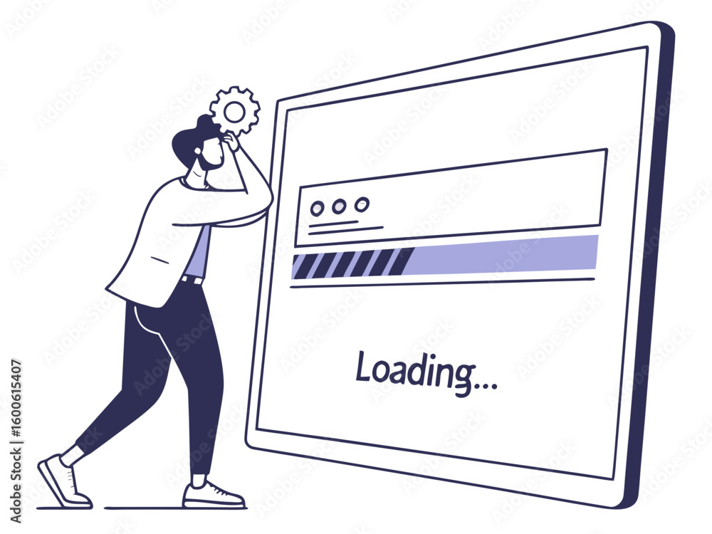 Poster man adjusting gear on loading screen progress bar