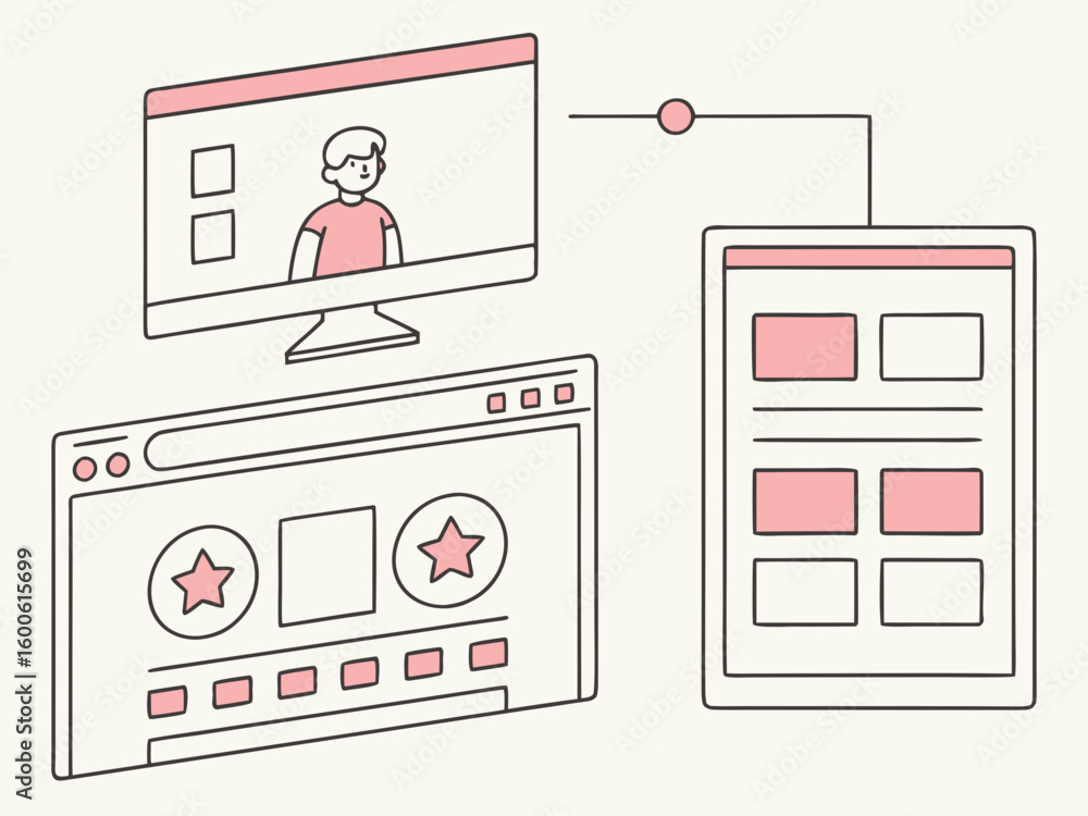 Poster digital devices showing web content and user interface elements