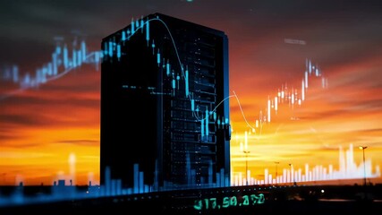 A server rack dominates a horizon at sunset overlaid with financial charts and glowing numbers indicating data analysis - Powered by Adobe