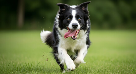 Fototapeta premium Energetic Dog Running Fast on Green Grass with Joyful Expression