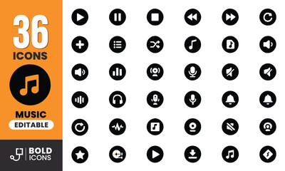 Bold Black Music and Audio Control Icon Set