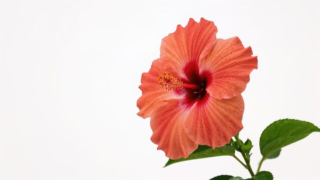 Isolated Orange Hibiscus Flower Paired with Verdant Leaf on White Surface