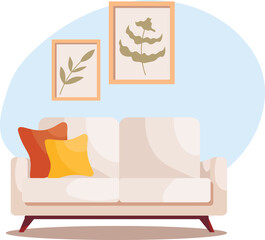 Cozy white sofa and abstract paintings. Vector illustration for postcard, poster or greeting card.
