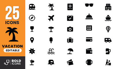 Bold Black Summer Vacation Icons in Silhouette Vector Style