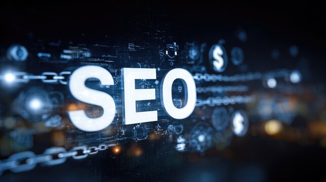 SEO and affiliate marketing tools on a screen surrounded by digital icons like chain links and earnings, no people