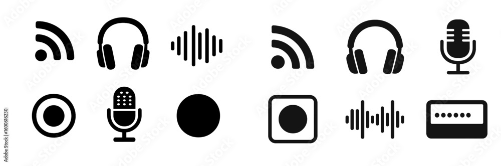Poster collection of audio and media icons displayed in black and white on a simple background featuring va