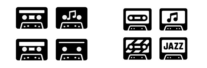 Various cassette tape icons depicting music themes and genres in a minimalistic design suitable for retro aesthetics
