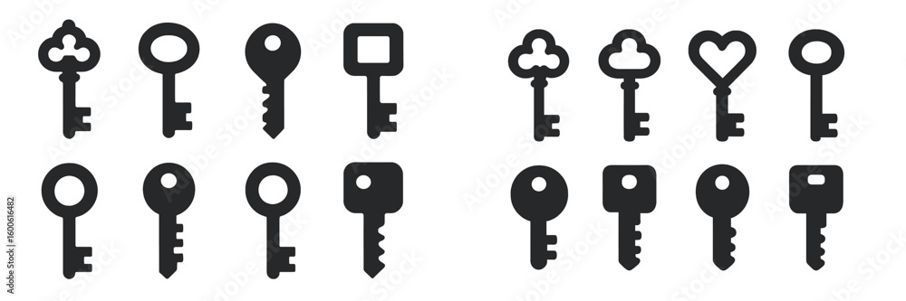 Poster various black key silhouettes arranged in two rows showcasing different designs and shapes for creat