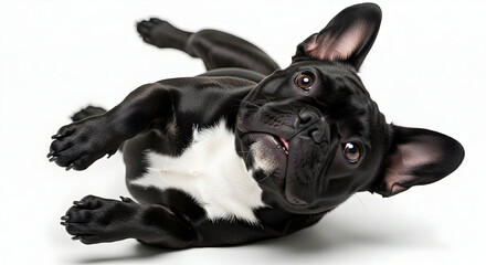 Playful Black Dog Lying on White Backdrop, Energetic and Funny