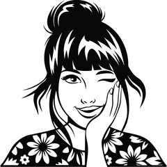 Winking girl with her hand resting on cheek smiles wearing floral top