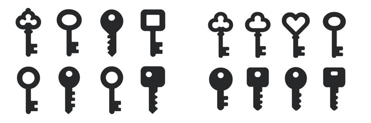 Various black key silhouettes arranged in two rows showcasing different designs and shapes for creative use