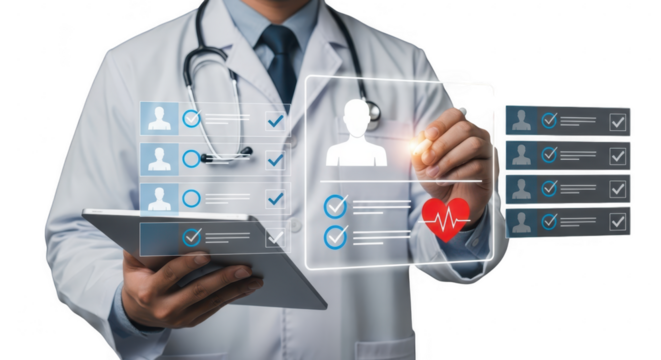 Doctor using digital interface for patient data isolated on transparent background