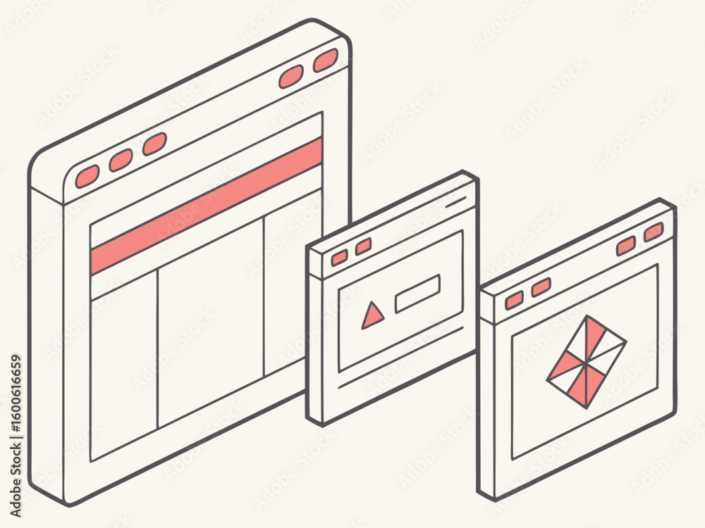 Poster isometric digital interface windows with geometric shapes