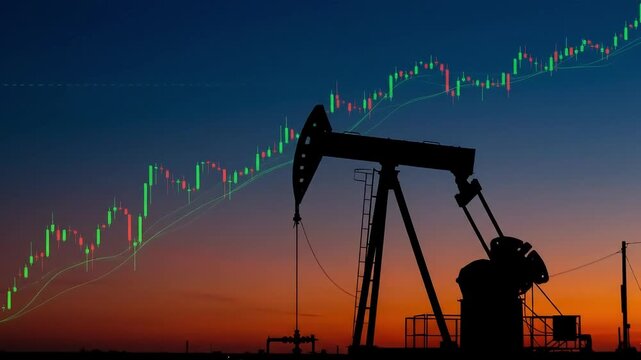 A silhouette of an oil pumpjack contrasts with a financial graph against a sunset