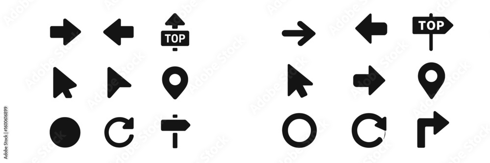 Poster directional signs and symbols displayed in a minimalistic black and white format for navigation and 