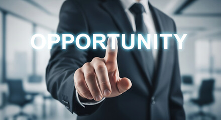 Businessman Hand Touching Opportunity Word Light Blue