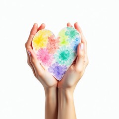 Hands with A heart shape composed of multiple small watercolor splashes in rainbow hues on a white background.