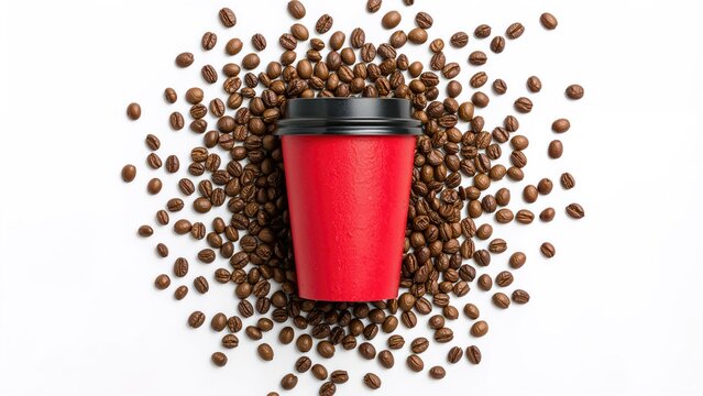 Black-lidded red coffee cup encircled by coffee beans set against a white background - Powered by Adobe