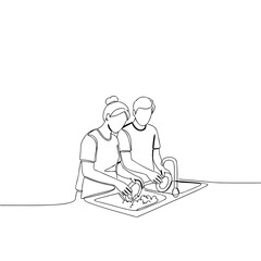 Couple washing dishes together at sink in minimalist line art  