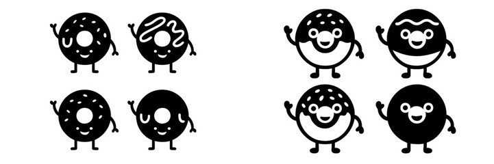 Fototapeta premium Fun cartoon characters of donuts and desserts in cheerful poses for a playful design