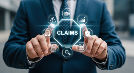 Businessperson Interacting with Claims Management System Hologram