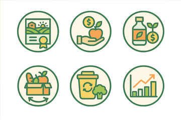 Icons representing sustainable agriculture, healthy eating, and economic growth in a visually engaging format