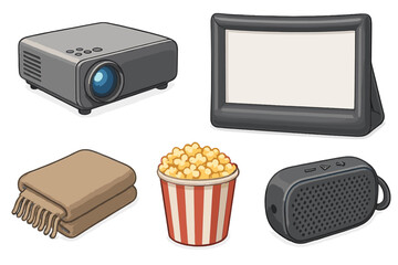 Home movie night essentials featuring projector, screen, popcorn, blanket, and speaker