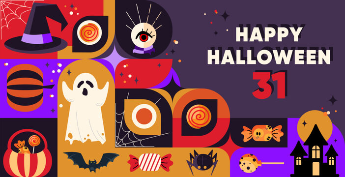 Happy Halloween 31 banner illustration in modern geometric style with spooky icons perfect for banners posters invitations party flyers greeting cards social media posts and holiday decorations.Vector