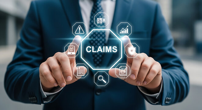 Businessperson Interacting with Claims Management System Hologram