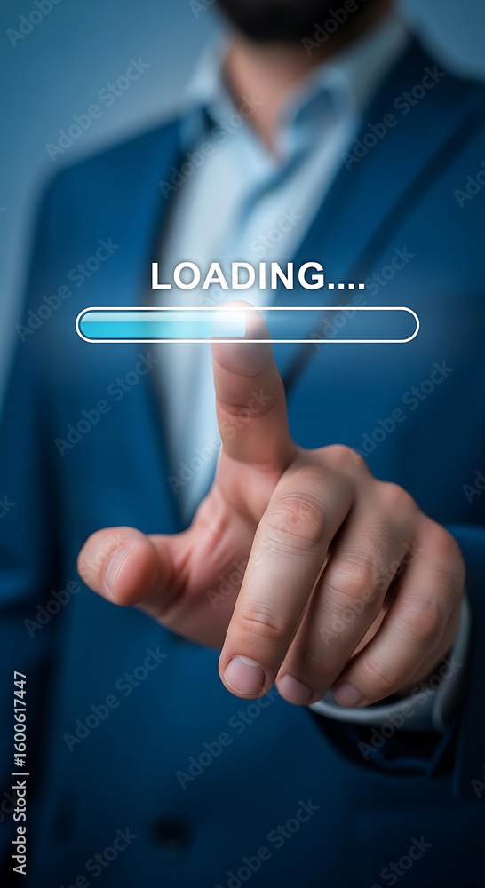 Poster man in blue suit interacting with loading bar image