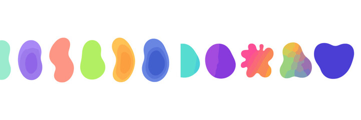 Colorful abstract shapes arranged in a horizontal line showcasing vibrant gradients at a digital art exhibition