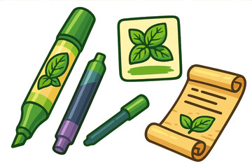 Green markers and stationery with leaf designs for creative projects and crafts