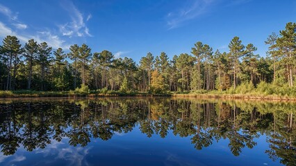 Obraz premium Pond reflecting tall bald cypress trees and surrounding forest under a clear blue sky with scattered clouds during daylight hours
