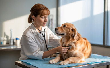 A female veterinarian doctor examining a dog in veterinary clinic. Pet care, animal hospital, treatment concept.