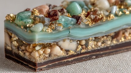 Abstract macro detail: stratified chocolate mountain with peppermint ore veins, white chocolate glaciers, candy gemstone clusters topographic map style, suitable for creative backgrounds, concept art,