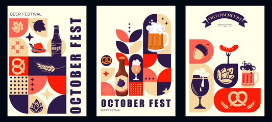Oktoberfest beer festival poster set Modern geometric design with beer mugs bottles pretzels sausages hops autumn leaves and festive symbols. Colorful Oktoberfest Beer and Food Vector Illustrations